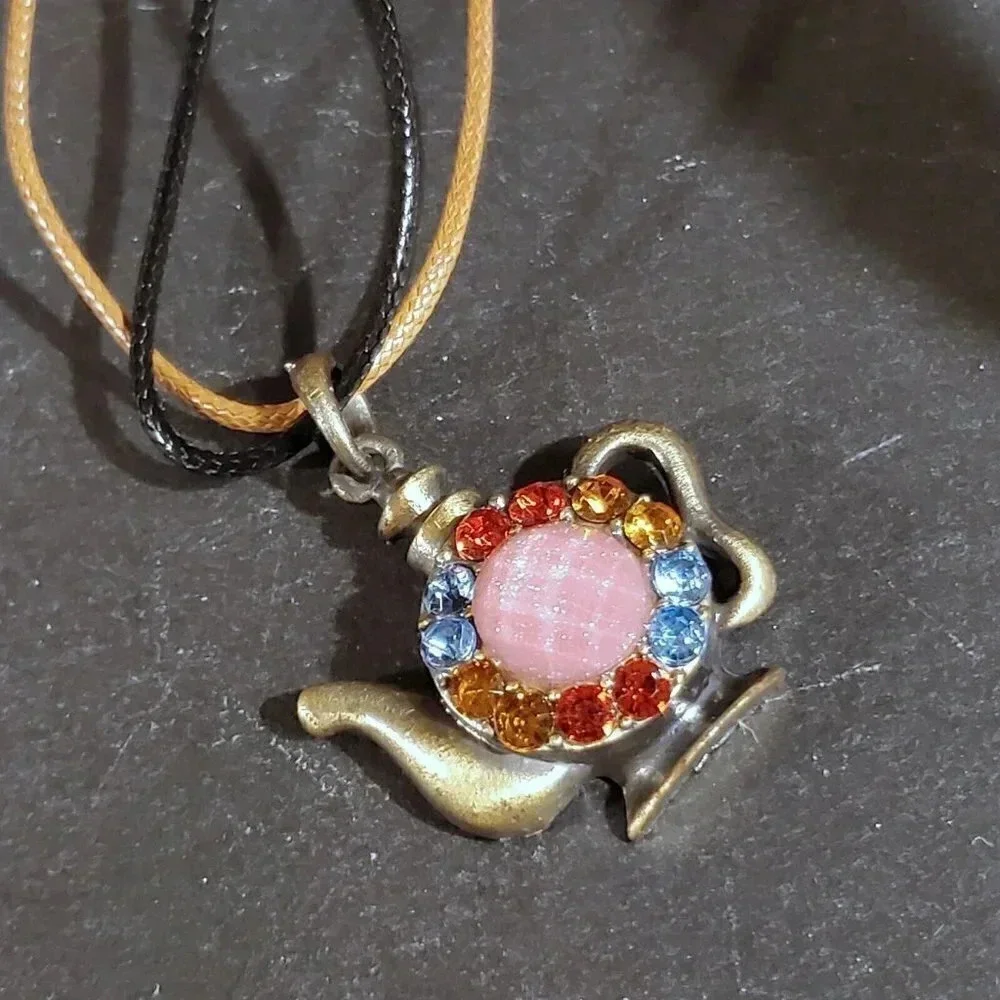 Rustic Antique Bronze Rhinestones Teapot Pendant Necklace Vegan Leather Cord - Picture 10 of 11